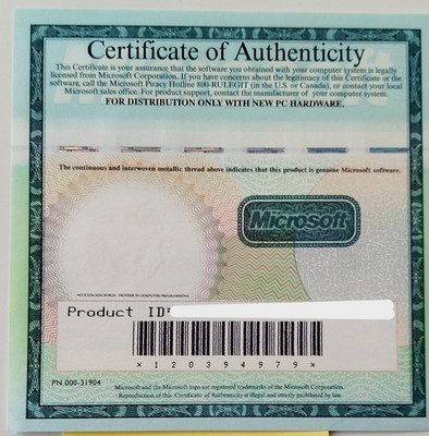 Vintage Microsoft COA Label - PN 000-31904 - Genuine Hologram '90s     [25]