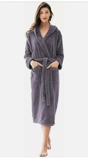 Warm Cozy Hooded Bathrobe Gray Fleece Belted Women's Size Large Robe