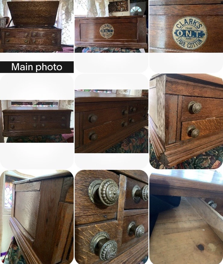 Vitrina tienda roble años 1800 Clark’s carrete rosca 4 cajones con tapa inclinada se abre Foto 3 de 4