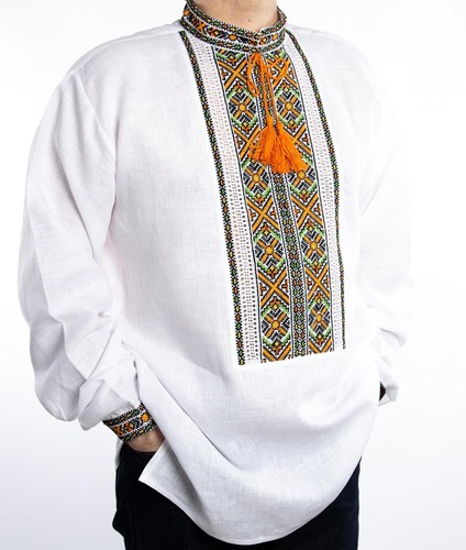 VYSHYVANKA Mens Ukraine handmade Embroidery LINEN White st patricks day shirt - Picture 2 of 8