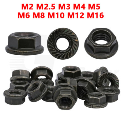 M2 M2.5 M3 M4 M5 M6 M8 M10 M12 M16 Serrated Flange Hex Lock Nuts Black DIN 6923