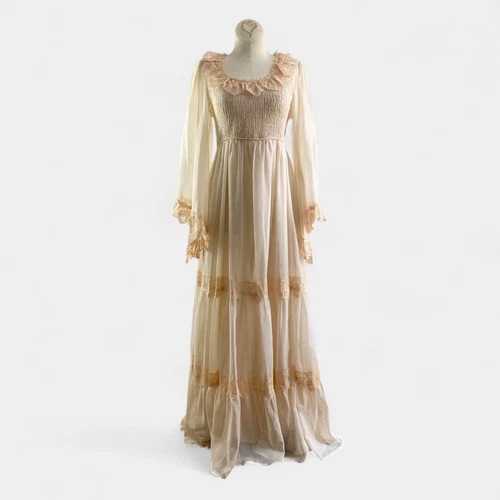 1970s Vintage Bohemian Wedding Dress - Ivory Champagne Angel Sleeve Gown