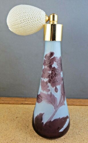 6" Signed 1909 Galle Purple/Light Blue Cameo Glass Perfume Bottle Atomizer Pump - Picture 1 of 12