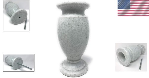 Durable Plastic White Granite Flower Vase with Metal Spike for Cemetery Decor - Picture 2 of 9