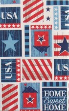 Home Sweet Home USA Patriotic Patchwork Vinyl Flannel Back Tablecloth Var Sizes