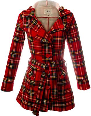 Damen Jess langer Mantel mit Kapuze und Bindegürtel Royal Stewart Tartan Größe XS