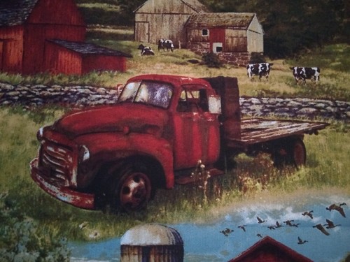 NEW - Barn, Tractor, Red Pickup Truck Scene - David Textiles - 1.5 yards - Picture 2 of 5