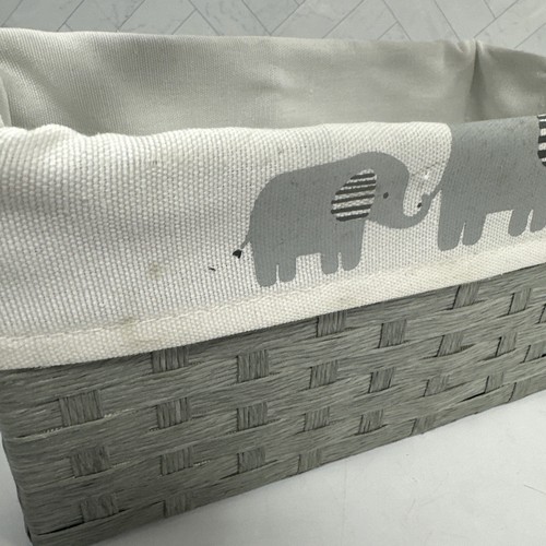 Woven Basket Gray White Elephant Print Handled Storage Organize Nursery - Picture 7 of 9