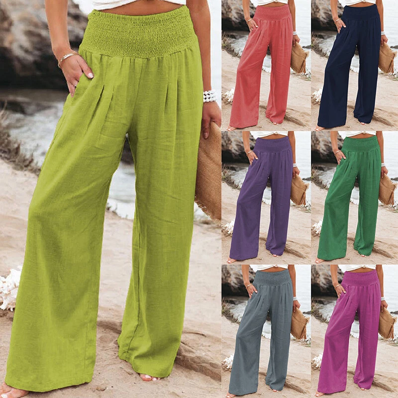 Women Cotton Linen Wide Leg Trousers Long Pants Ladies Elasticated