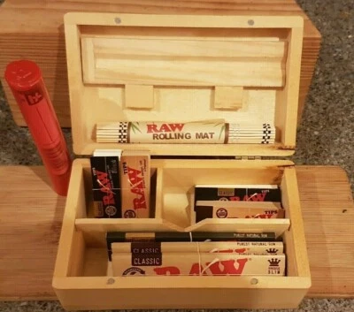 GRASS LEAF RAW Smokers Set - Premium Wooden Storage Box - Papers - Tips Rolling Mat, smoke