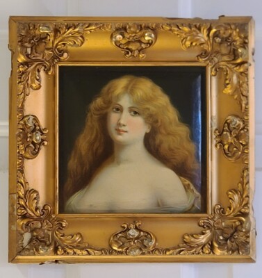 1907 Framed Painted Tin Painting of Beautiful Woman in Gilt Gesso Frame Meek Co.