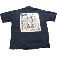 Vintage Nautica Wind Surfing Summer Sports Button Up Shirt Men Large L Logo Navy
