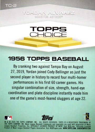 2020 Topps #TC-2 Yordan Alvarez Topps Choice - Picture 2 of 2