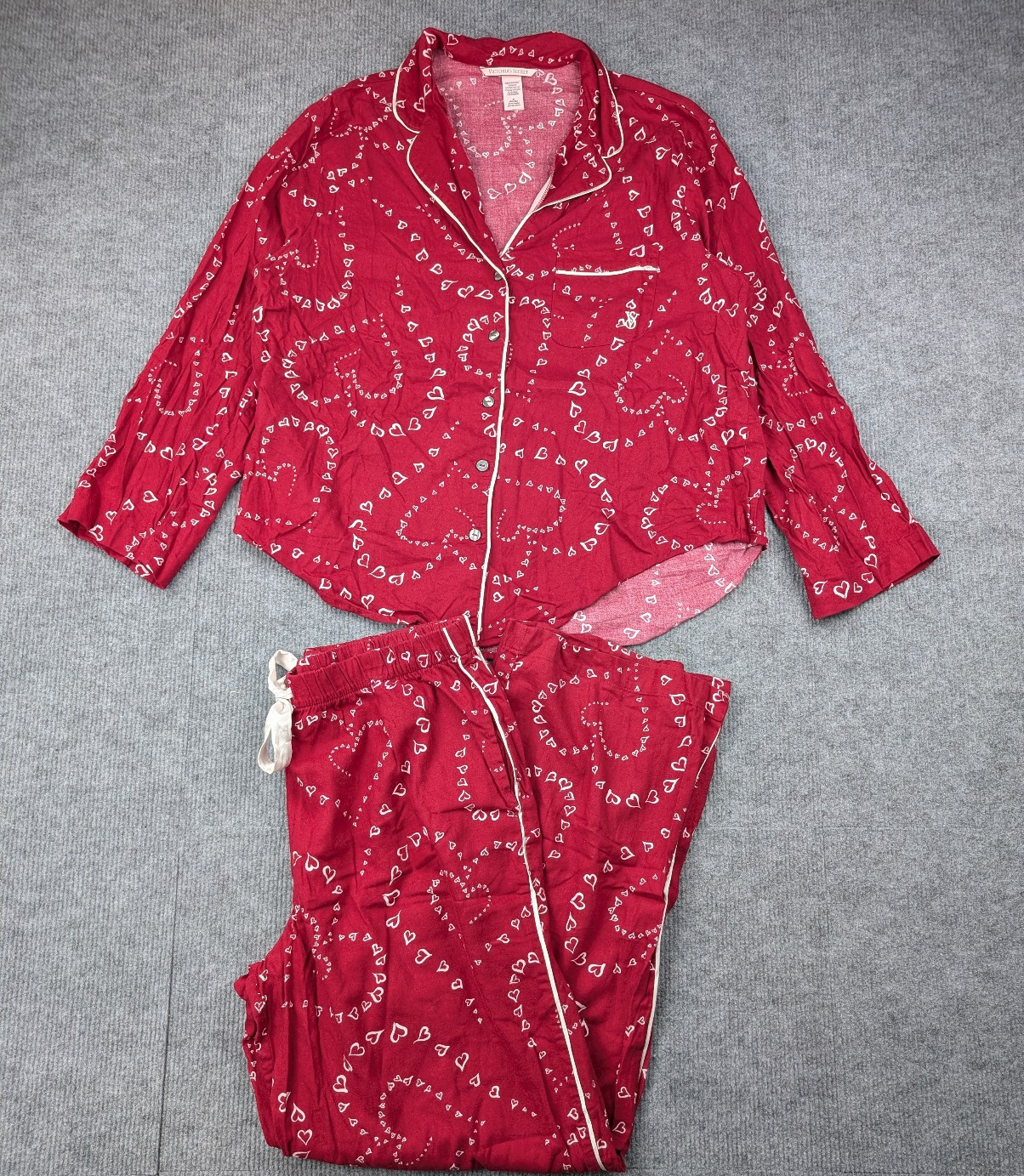 Victorias Secret Pajama Set Womens Medium Flannel Modal Hearts Sleepover Y2K Red