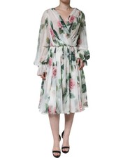 Dolce & Gabbana White Silk Floral Print A-line Midi Women's Dress Authentic