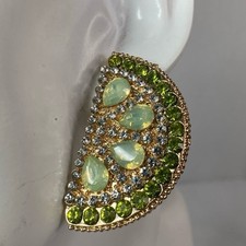 Pierced Statement Earrings, Lime Slices, Rhinestones, Green Faceted Stones,