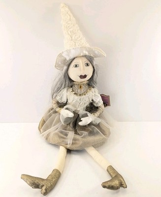 Moonlight Manor Halloween White Witch Doll Shelf Sitter Flower Hat Tag