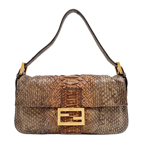 FENDI Baguette Brown Python Embossed Leather Shoulder Bag