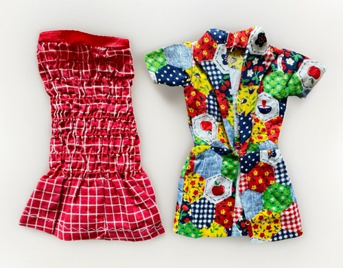 Vintage Barbie Clone Homemade Kleidung Bluse Kleid Lot Set Rot Patchwork 70er Jahre - Bild 1 von 9