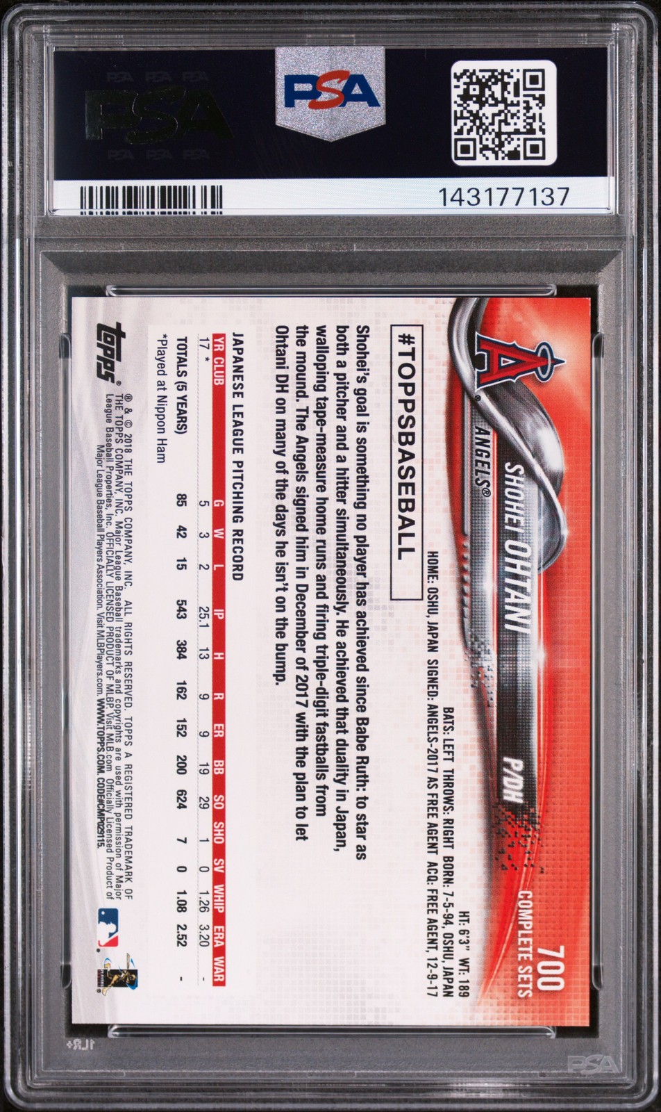 2018 TOPPS COMPLETE SET RETAIL #700 SHOHEI OHTANI ROOKIE RC PSA 9 view 2