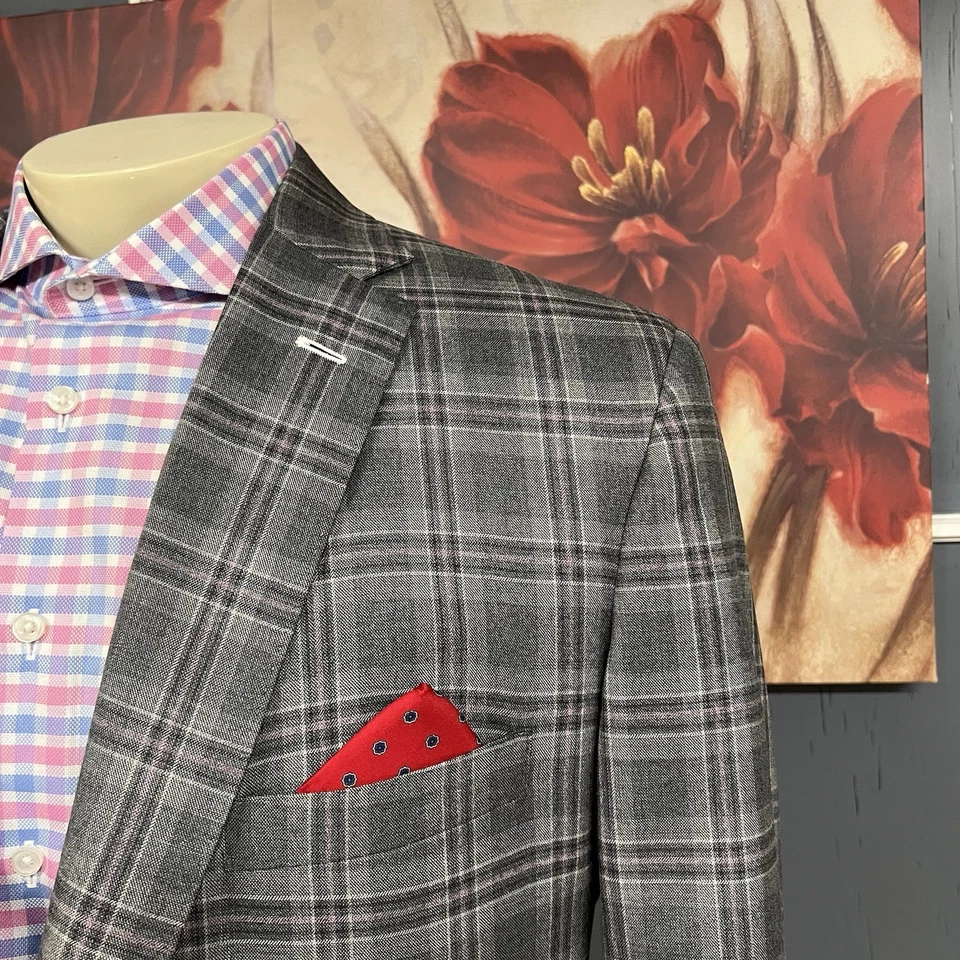 Blazer Tom James Chaqueta Deportiva A Medida Hombres 46R Ajuste A Medida Lana Gris/Rosa Cuadros Foto 4 de 4
