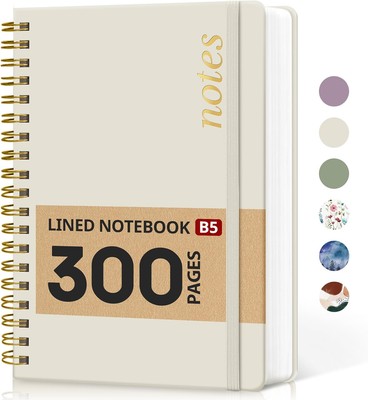 Lined Spiral Notebook Journal for Work, 300 Pages Thick B5 E-Grey Beige 