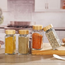 24 x 120ml Glass Round Spice Jars with Wooden Lids and Labels & Cleaning Brush