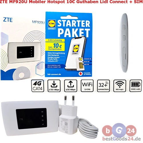 ZTE MF920U Mobiler Hotspot LTE WLAN WiFi Router + 10€ Guthaben Lidl Connect+SIM