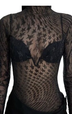 Mugler X H&M Rhinestone Embellished Mesh Black Top Black Star Top & Mesh Pants