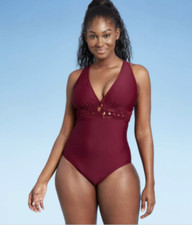 Kona Sol  Macrame Medium Coverage One Piece Swimsuit Burgundy Size M MSRP 39.99