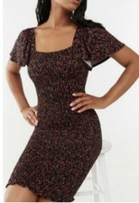 forever 21 contemporary dress black tiny red flowers short ruffled sleeve Small