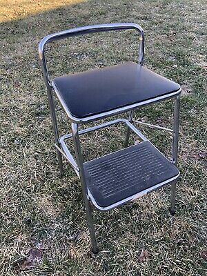 Vintage Chrome Black Cosco Step Stool, Retro Step Stool Chair Blue