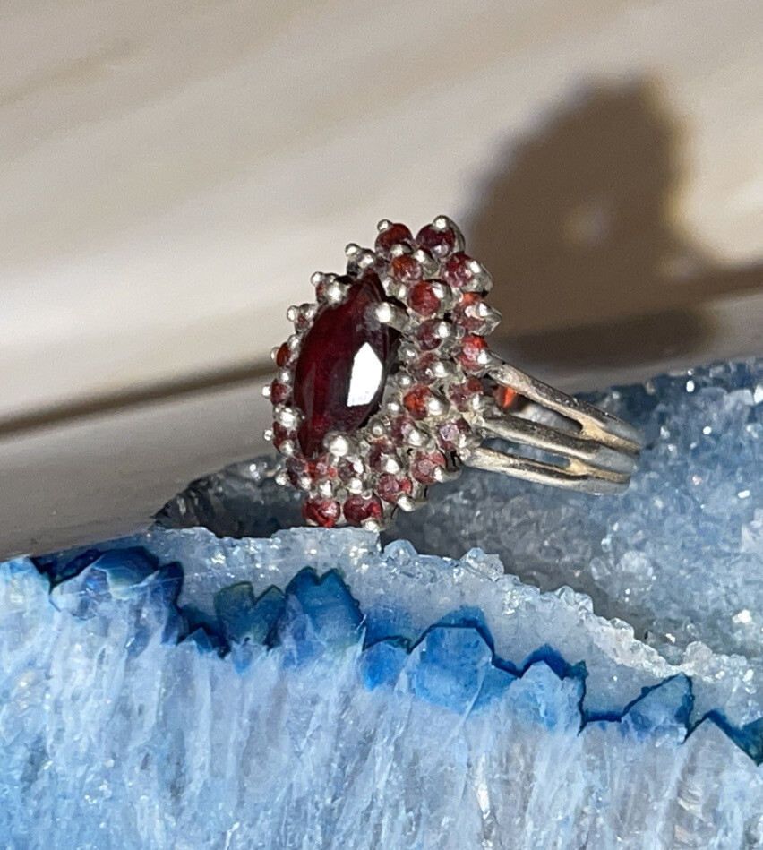 Vintage Sterling Silver Garnet Victorian bohemian Cluster Ring Size