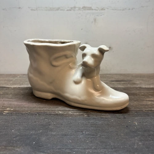 Vintage Shawnee shoe and dog planter cream color marked USA