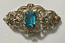 Vintage Large Victorian Filigree Aquamarine or Glass Pin Brooch Antique Unisex