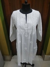 LONG S 38" ETHNIC 100 COTTON CHIKAN EMBROIDERY TOP HANDMADE KURTA KURTI TUNIC