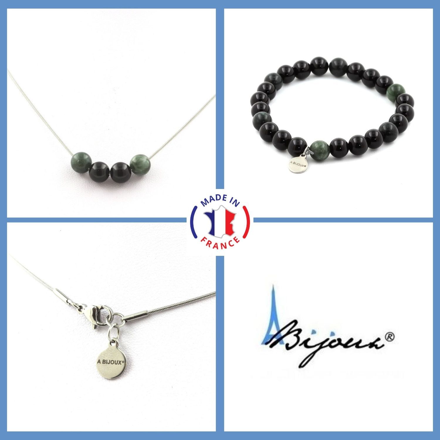 Parure Agate noire et Séraphinite contre le stress, collier et bracelet d'ancrage