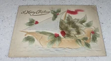 vintage postcard Heavily Embossed Sail Boat Merry Christmas 1915 Holly Red Flag