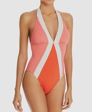  118 Vince Camuto Women's Pink Color Block One Piece Halter Swimsuit Size 8