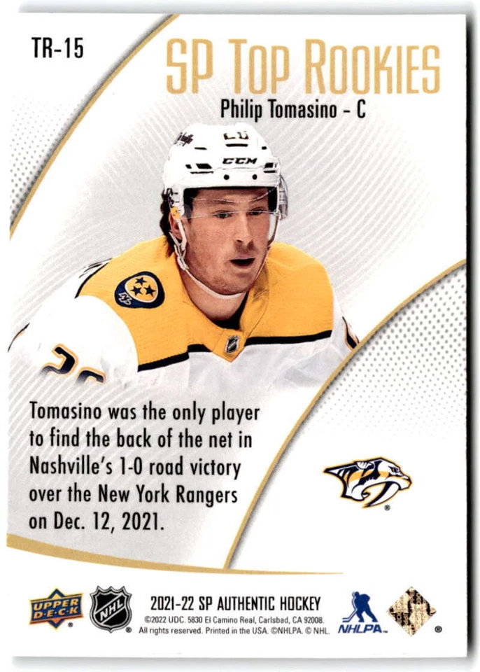 2021-22 SP Authentic Top Rookies #TR-15 Philip Tomasino  Nashville Predators - Image 2 of 2