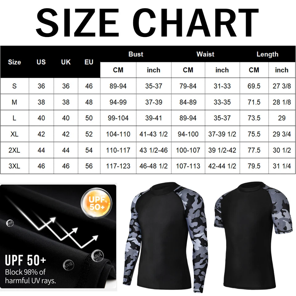 Mens UPF 50+ Sun UV Protection Compression Shirt Long Sleeve Swim Shirts Outdoor - Image 2 of 4