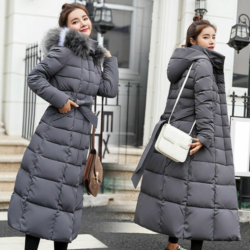 Damen Kapuze langer Puffermantel Jacke gepolstert gesteppt schmal Winter dick Mode - Bild 3 von 26