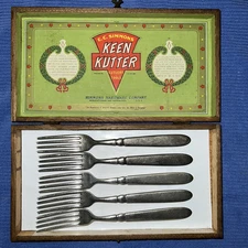 Vintage Old Keen Kutter Fork Silverware 5 Pcs With Original Wooden Box