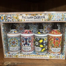 Italian Sicilian Deruta Hand Soap Fancy Plastic Bottle Gift Set /4 21.5/ 86 NIB