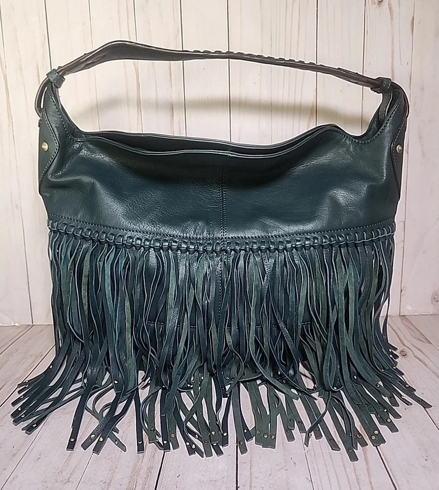 orYANY Emerald Green 100% Leather Fringe Shoulder/Hobo Bag India Made VGC!