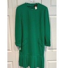 Vintage Deadstock New Virgo II Emerald Green Long Sleeve Pleated Dress Sz 16