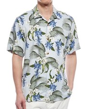 Tommy Bahama Mens Grand Frond Blue Silk Hawaiian Camp Shirt Floral Print Sz XL