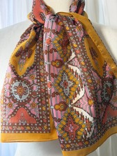 Vintage 70s Geometric Floral Design Scarf Italy Gold Pink Brown 12.5 X 44.5 Poly