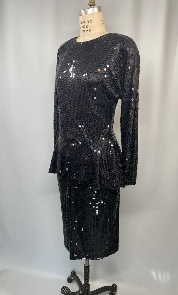 Vestido Vintage TALLA GRANDE 14 Negro Lentejuelas Peplum PARA 80s 90s Manga Larga Foto 3 de 4