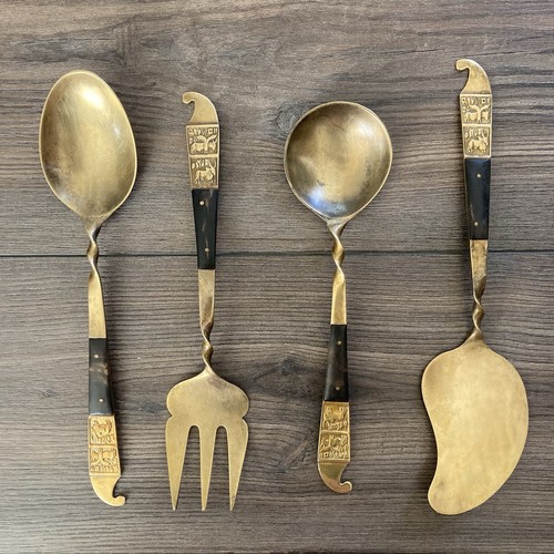 VTG Mid Century Modern Siam Brass & Wood Serving Spoons Fork & Cheese Knife MCM
